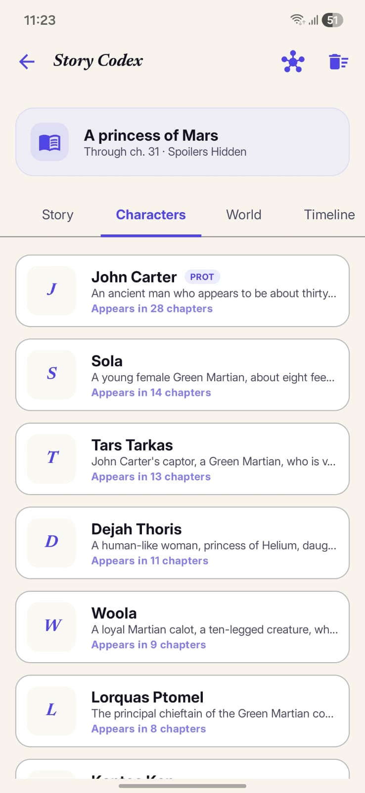StoryCodex Android Codex characters screen